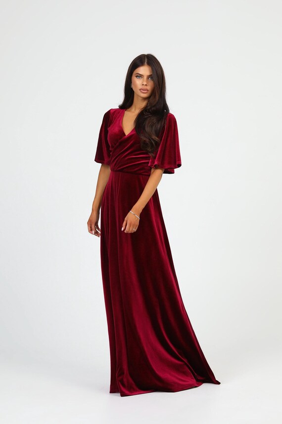 burgundy flutter sleeve dress Burgundy High Neck Tulle Prom Dresses Ankle-length Cheap Formal Dresse –  SELINADRESS