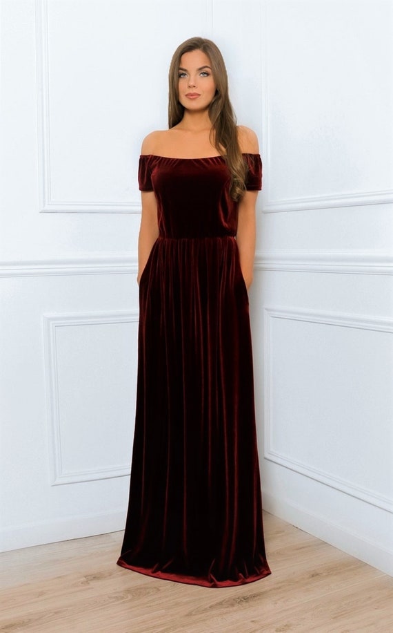 maroon off the shoulder maxi dress