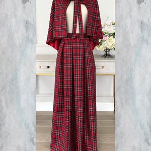 Red plaid skirt with capelet, High waist checkered skirt, Tartan maxi skirt with pleats, Fall outfit