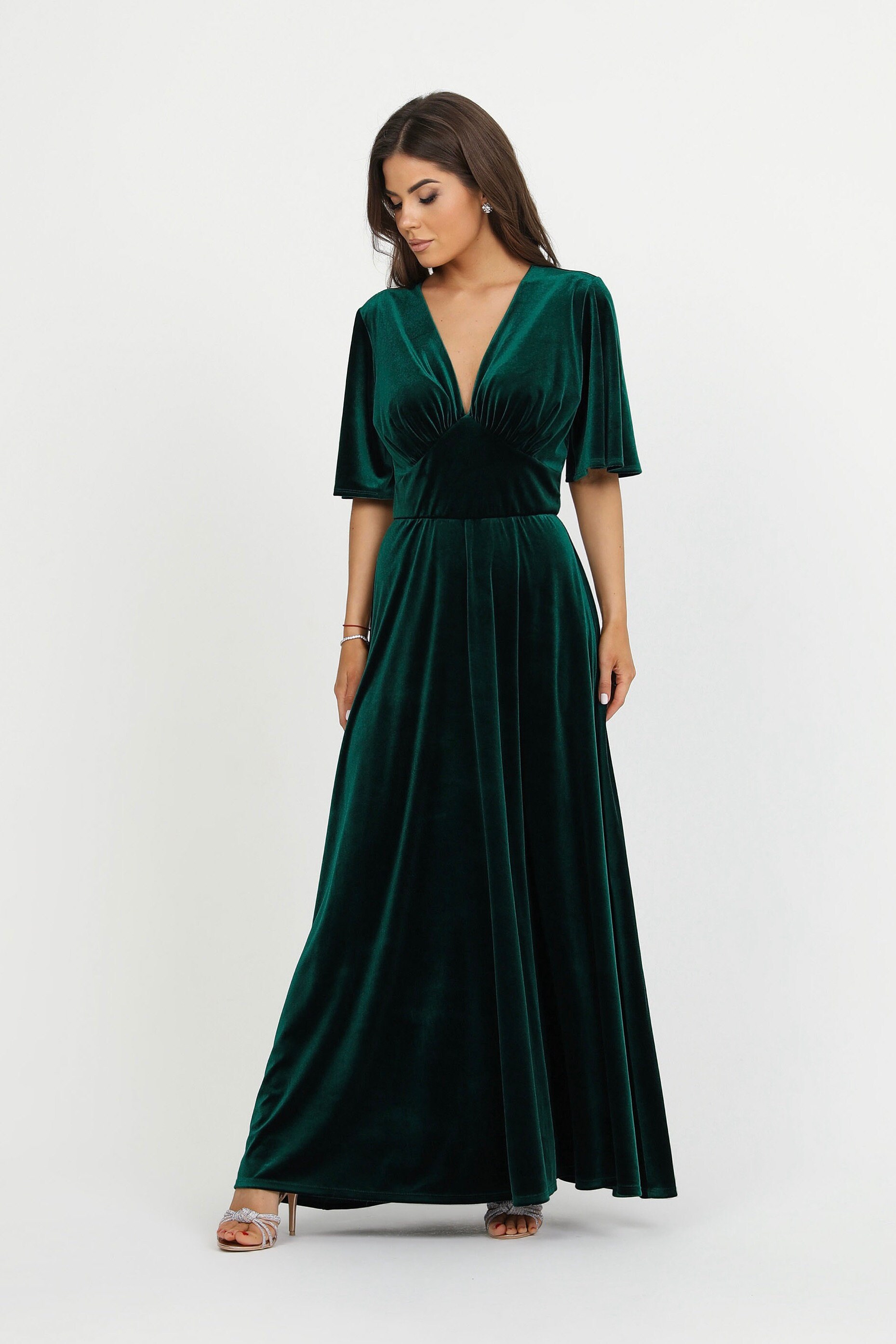 Formal Velvet Maxi Dress, Backless V-Neck Evening Gown, Dark Green Bridesmaid Dress