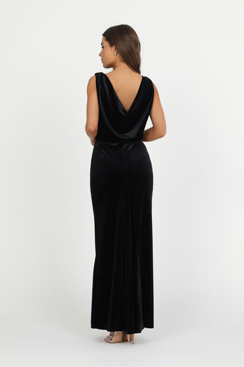 Black Velvet Maxi Dress, Sleeveless Cowl Back Gown, Elegant Formal Long Dress.