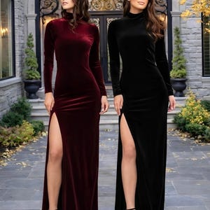 Brautjungfer Samt Maxi Kleid, Elegantes Kleid Stehkragen, Langarm Pflaume Kleid, Formelle Frauen Kleid Bild 7