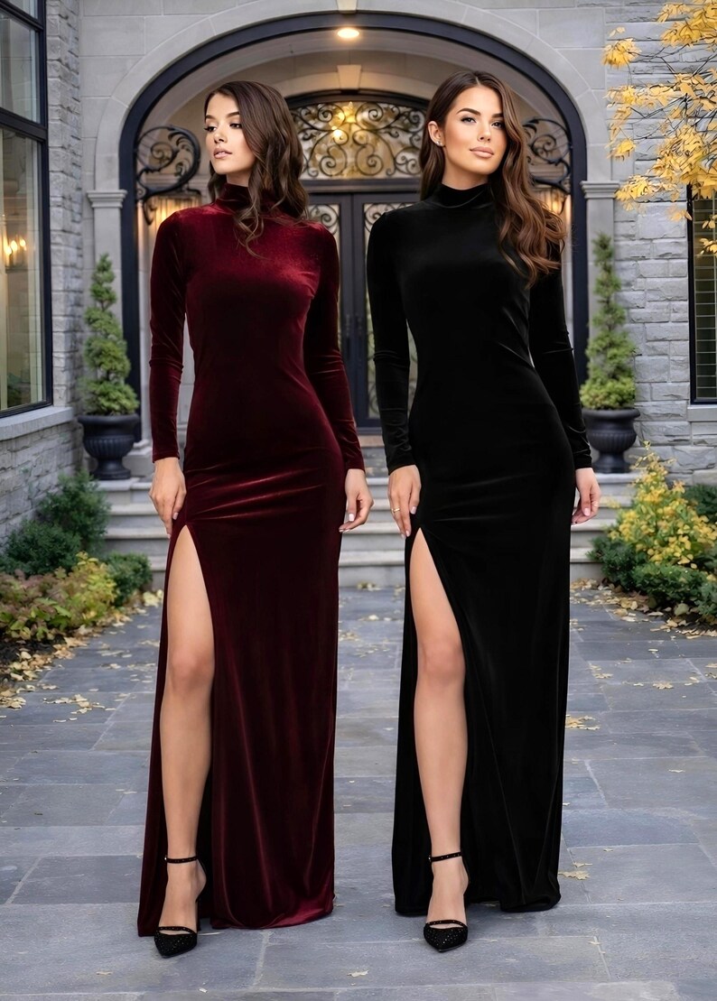Brautjungfer Samt Maxi Kleid, Elegantes Kleid Stehkragen, Langarm Pflaume Kleid, Formelle Frauen Kleid Bild 7