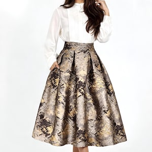 Bronze Jacquard Midi Skirt, Elegant Tea Length Skirt, Brocade brown skirt with pockets, high waist skirt, women midi skirt, modest skirt plus size, brown skirt with pleats, tapestry skirt