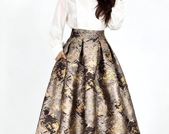 Bronze Jacquard Midi Skirt Elegant Pleated Skirt High Waisted, Brown Gold Skirt Box Pleats Evening Skirt
