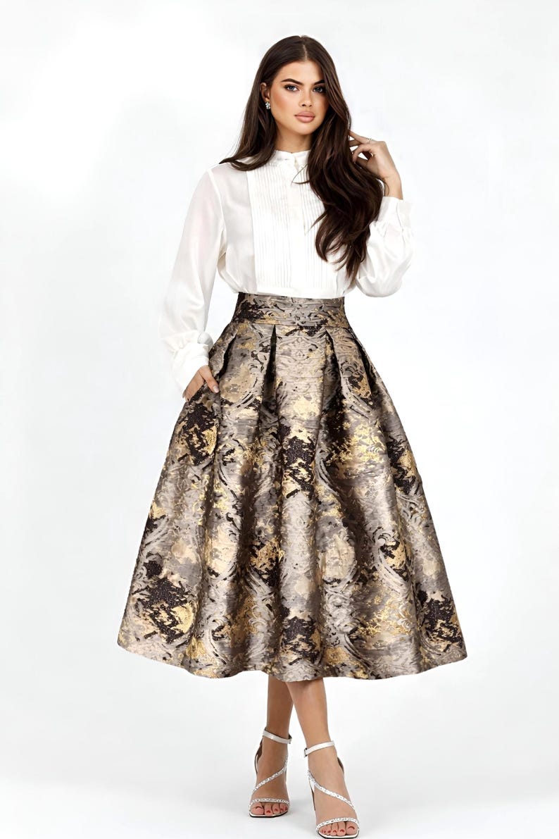 Bronze Jacquard Midi Skirt, Elegant Tea Length Skirt, Brocade brown skirt with pockets, high waist skirt, women midi skirt, modest skirt plus size, brown skirt with pleats, tapestry skirt