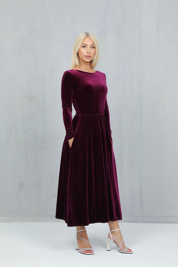 Purple Velvet Long Sleeve Midi Dress, A-Line Backless Dress, Velvet Bridesmaid Dress with Pockets, Elegant Formal Dress Purple Velvet Long Sleeve Midi Dress, A-Line Backless Dress, Velvet Bridesmaid Dress with Pockets, Elegant Formal Dress