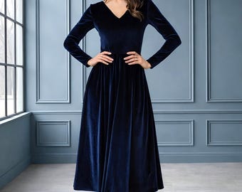 Abito midi in velluto blu, abito a maniche lunghe con scollo a V, abito elegante da cerimonia, abito da damigella d'onore in velluto