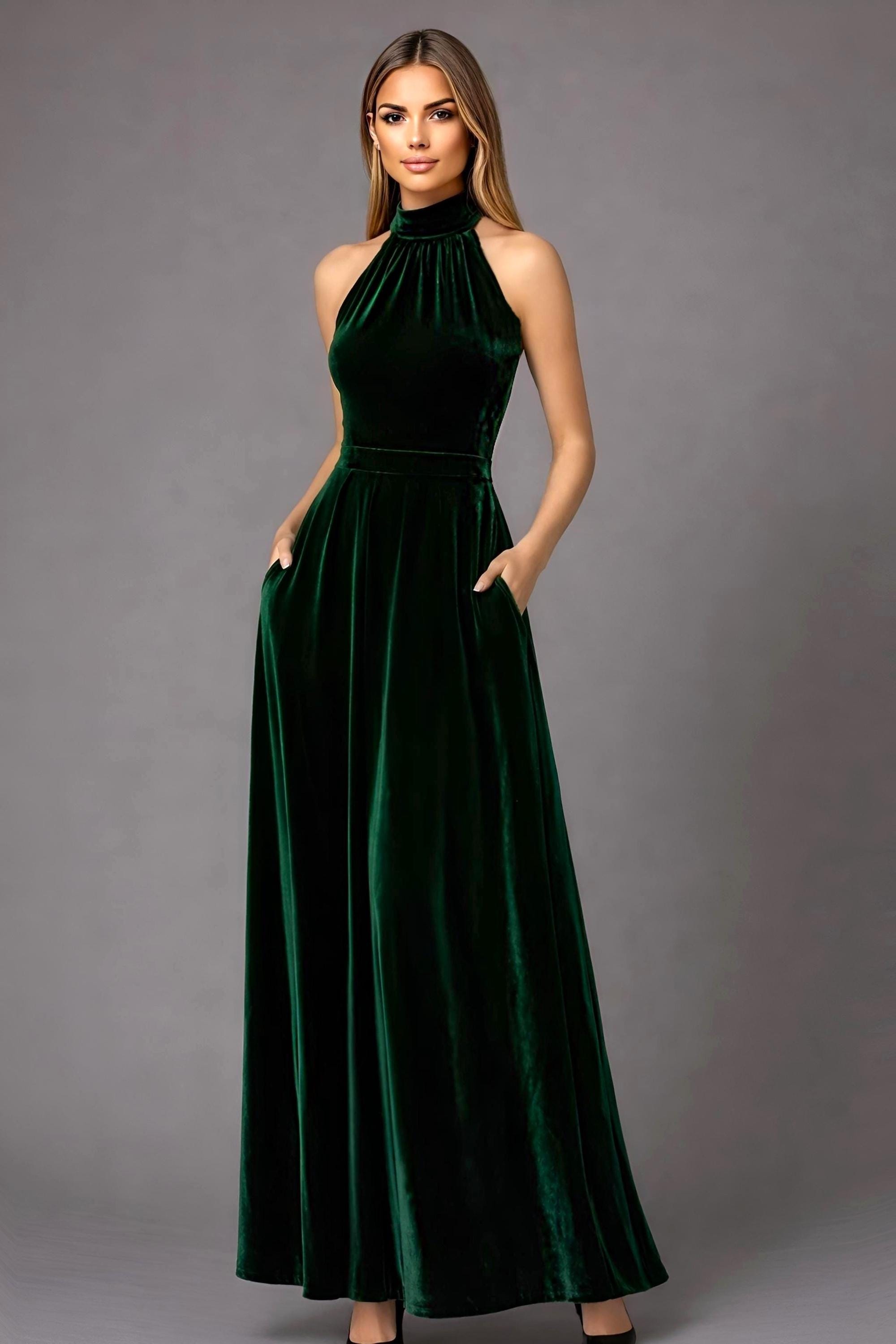 Velvet Halter Maxi Dress Sleeveless Wedding Guest Dress