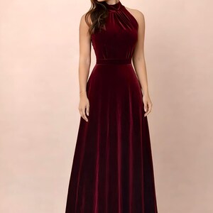 burgundy velvet halter maxi dress, sleeveless design with halter neckline a line style