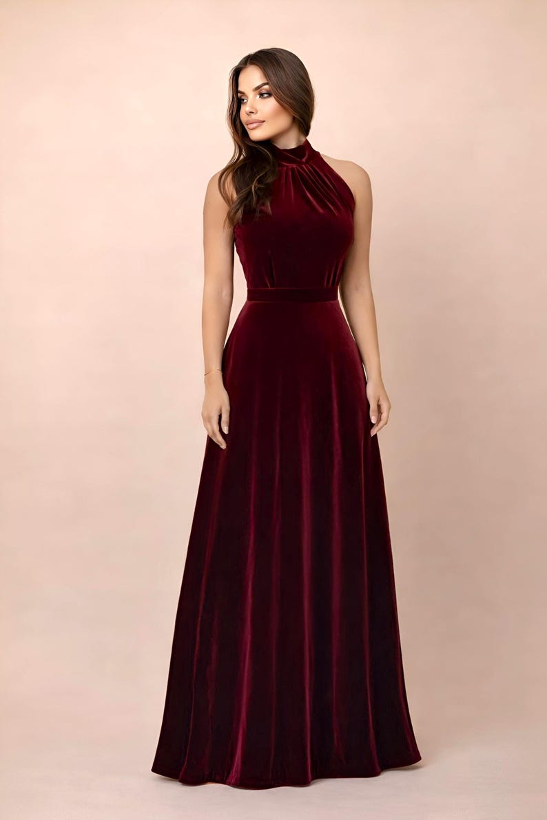 burgundy velvet halter maxi dress, sleeveless design with halter neckline a line style