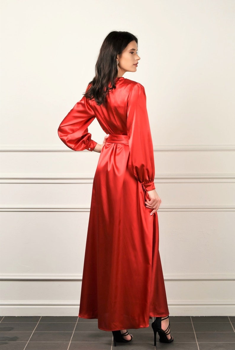 Red Satin Maxi Dress/ Wrap Robe Dress Cuff Long Sleeves Sash | Etsy