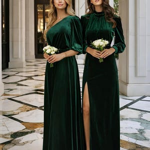 Velvet Emerald Green Dresses, Long Sleeve Slit Dresses for Women, balloon sleeves velvet maxi dresses