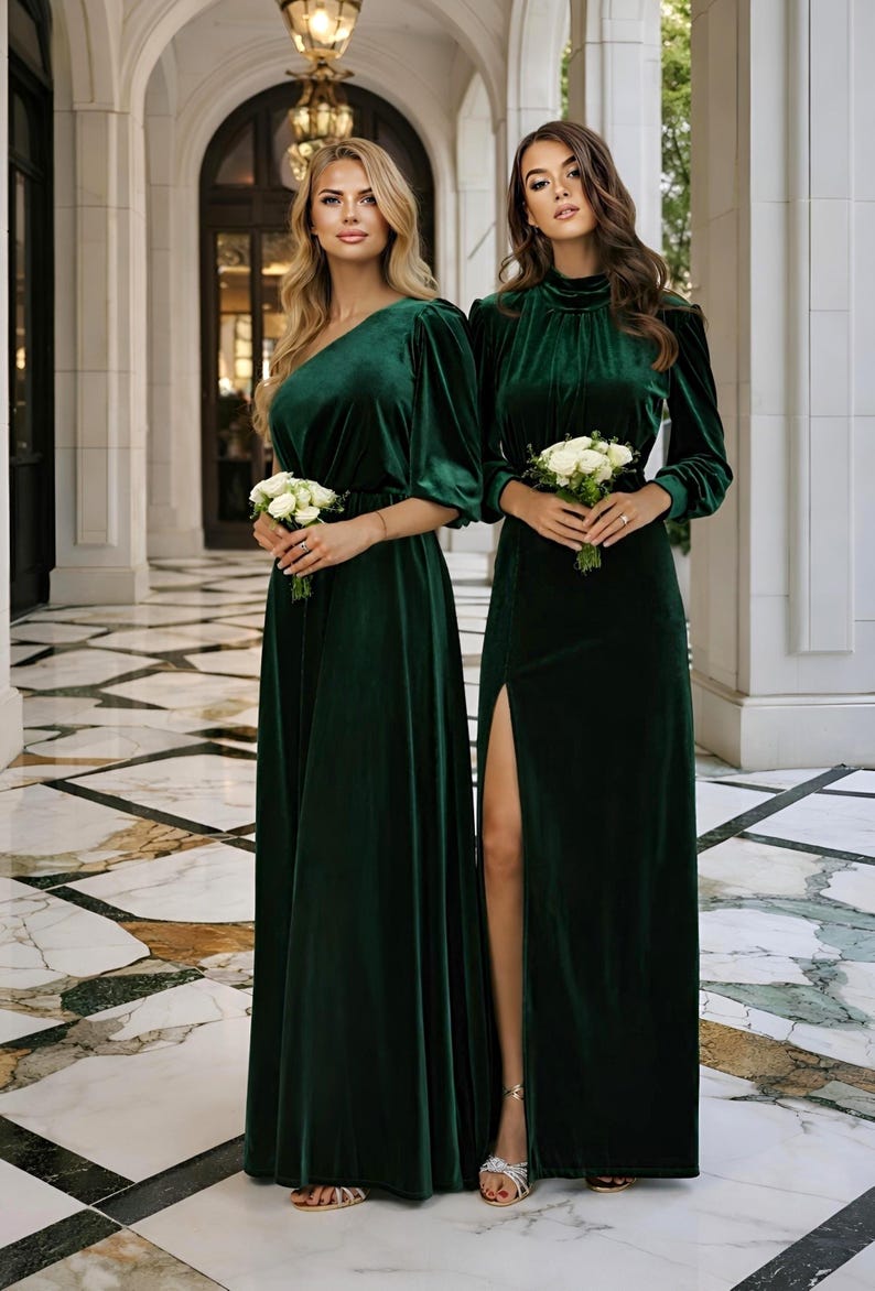 Velvet Emerald Green Dresses, Long Sleeve Slit Dresses for Women, balloon sleeves velvet maxi dresses