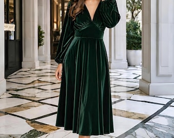 Balloon Sleeve Velvet Midi Dress, V-Neck Elegant Dress, Wedding Guest A-Line Midi Dress
