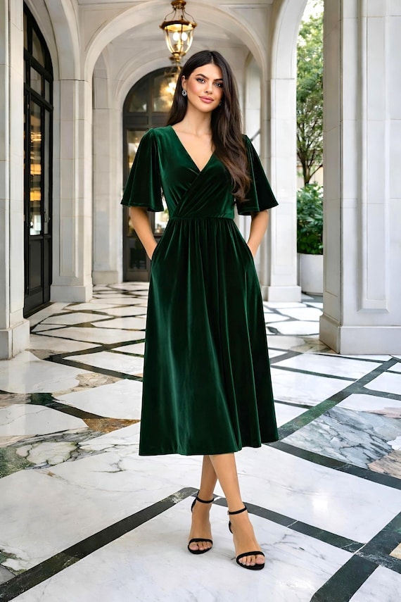green velvet dress a line V-neck Midi Dress, Flutter Sleeve Formal Dress, Elegant A-line Dress, Velvet Bridesmaid Dress, Emerald Velvet elegant dark green dress