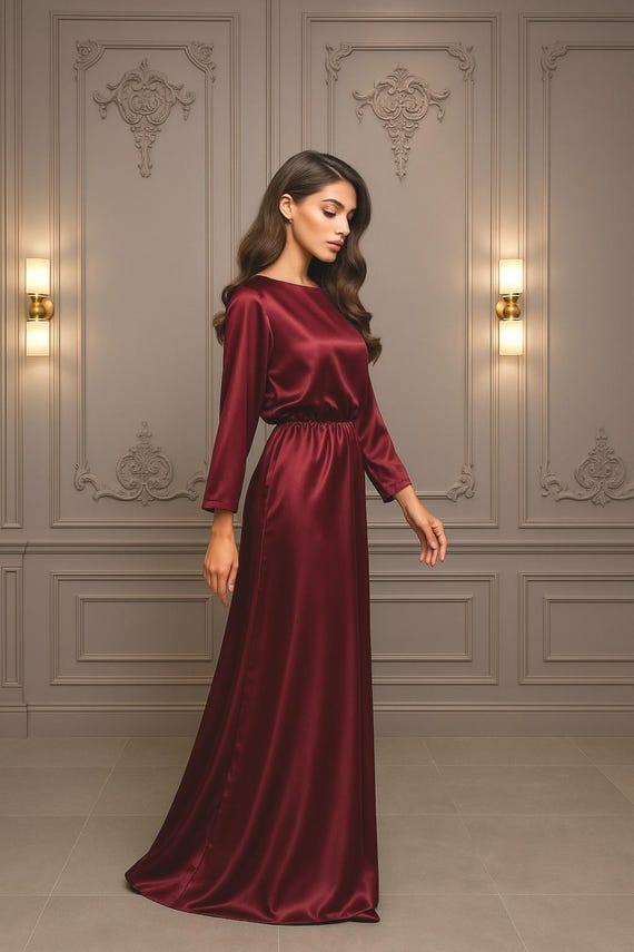 Burgundy Satin Maxi Dress, Elegant Dolman Sleeve Formal Gown