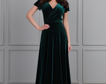 Emerald Velvet Bridesmaid Dress, V-neck Short Sleeve Maxi Gown Wedding  Guest