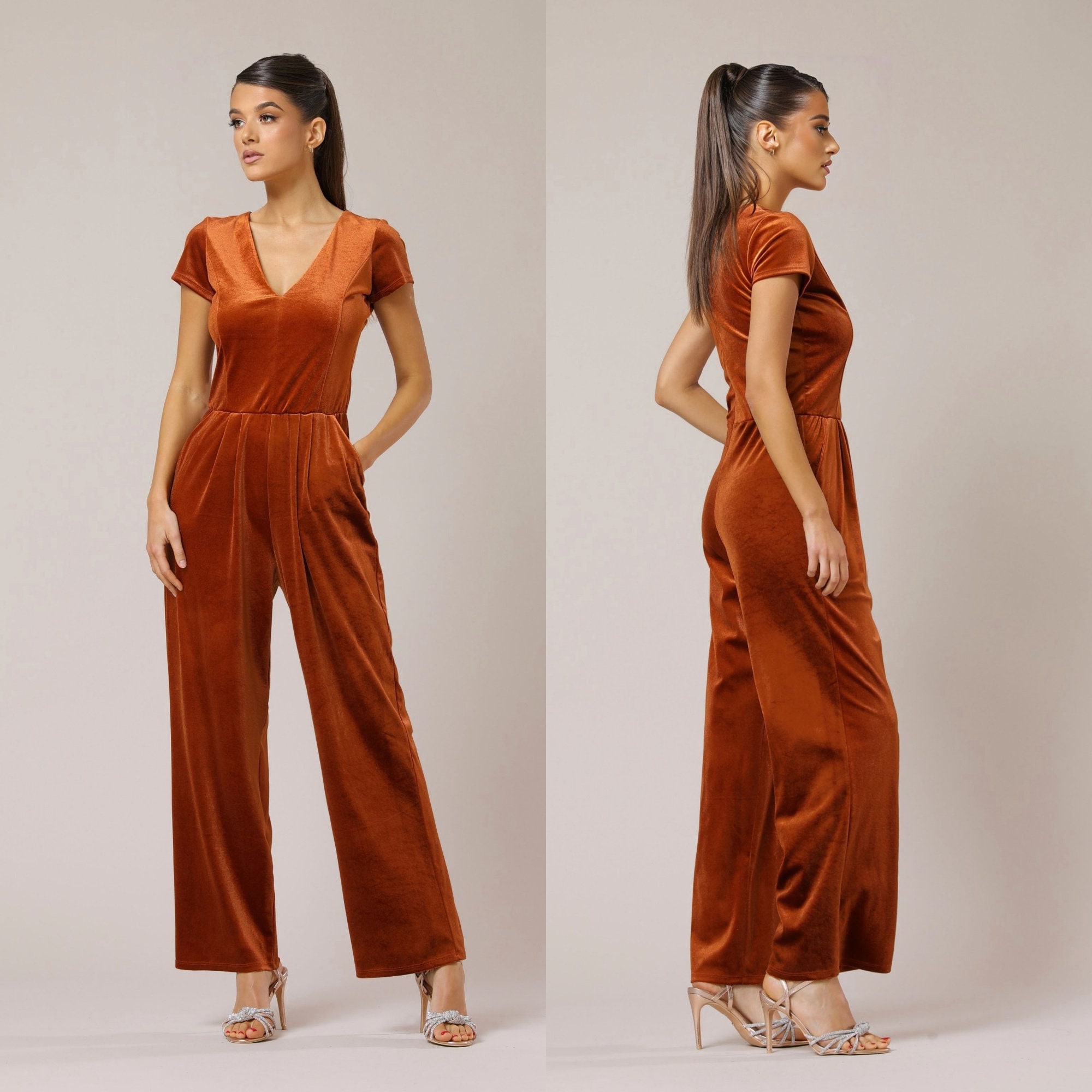 Orange velvet jumpsuit hotsell