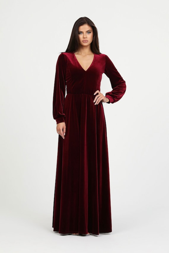 Velvet Bridesmaid Dress, Elegant Long Sleeve Gown, Burgundy Evening Dress