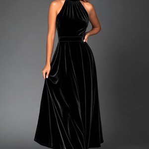 black velvet halter midi dress with pockets, sleeveless design with halter neckline a line style