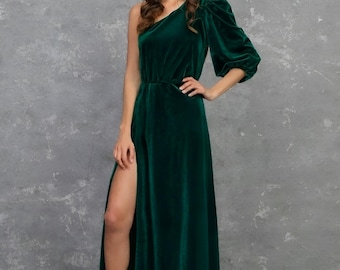 Velvet dress one shoulder formal wedding guest dress dark green maxi gown dress velvet bridesmaid dress