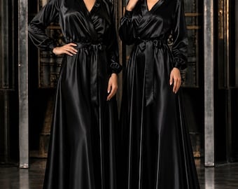 Black Satin Maxi Dress, Long Sleeve Wrap Neck Formal Dress, A-line Wedding Guest Gown, Elegant Cocktail Dress