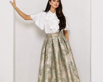 Falda formal de jacquard, falda plisada con bolsillos, falda midi de talle alto, falda color oro champán, falda de cóctel hasta la rodilla.