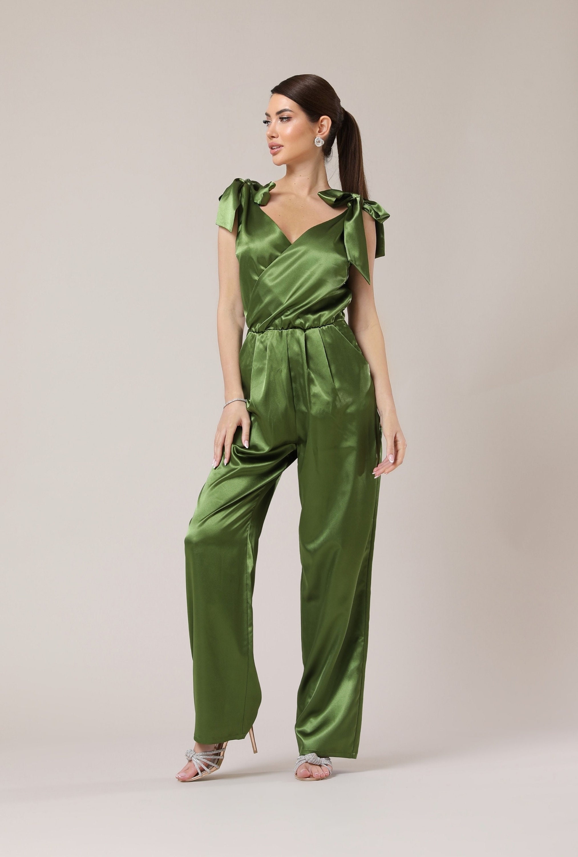 Olive Green Satin Jumpsuit, Wide Leg Tie-shoulder Overalls