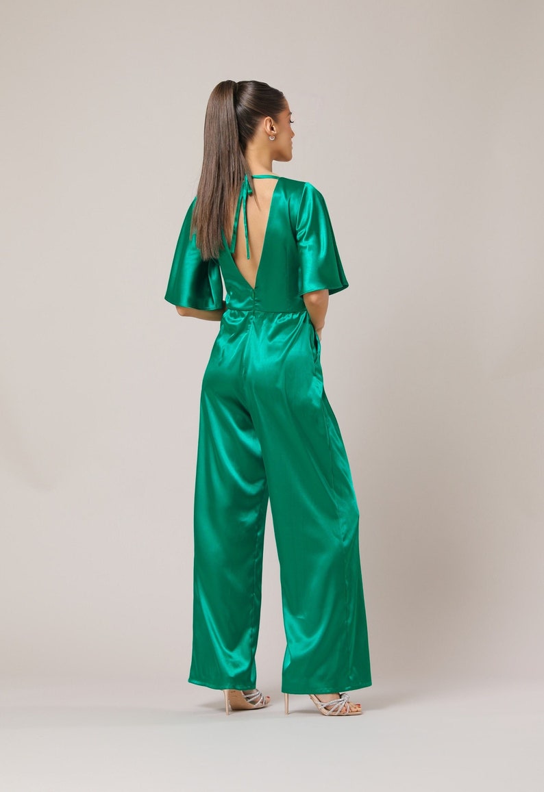 Jumpsuit, green cocktail jumpsuit, satin jumpsuit, bridesmaid jumpsuit, backless jumpsuit, elegant jumpsuit, wide leg jumpsuit, formal jumpsuit, wedding guest jumpsuit, party wear, one piece jumpsuit, date night, jumpsuit women, jumpsuit gala, gown