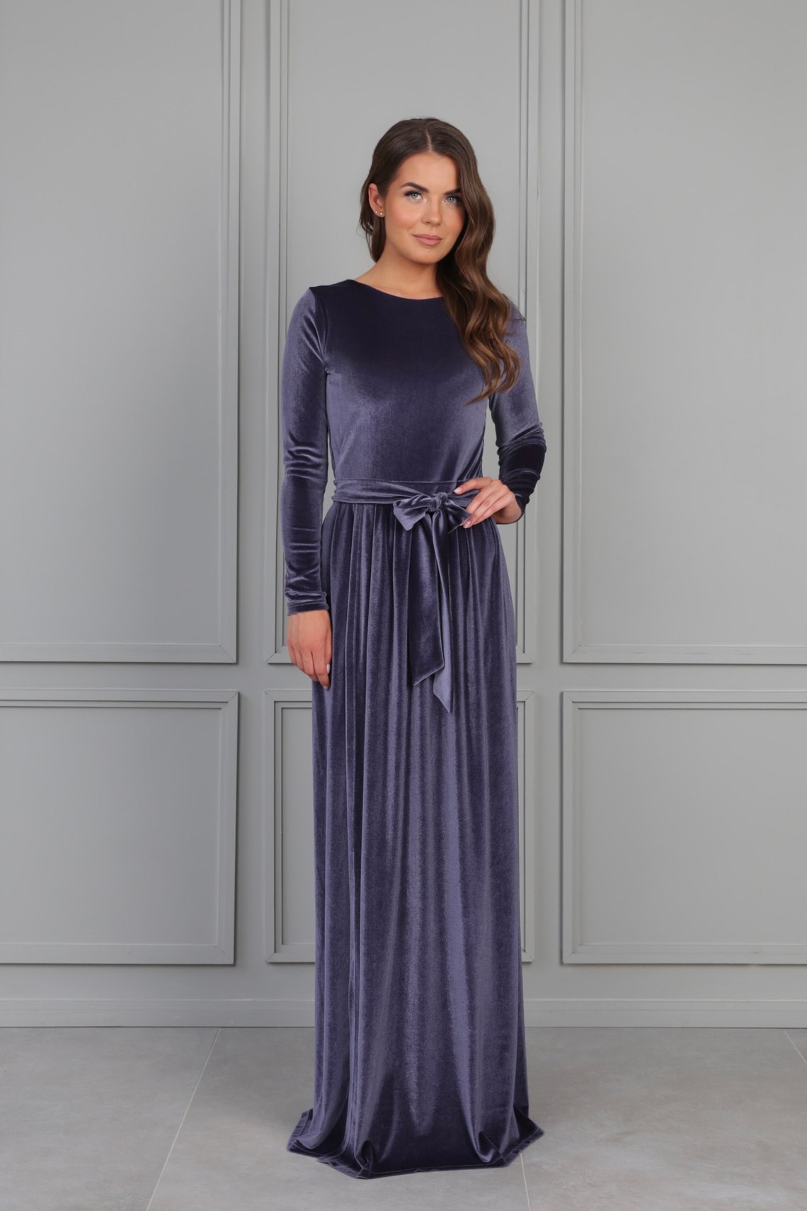 Grey Velvet Bridesmaid Dress Round Neck High Wrap Leg Split Etsy