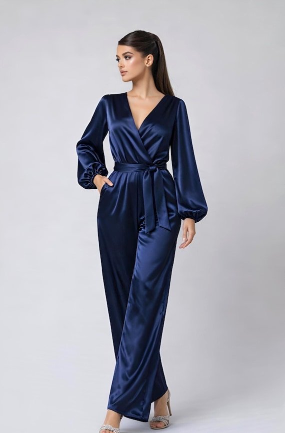 Blue Satin Jumpsuit, Balloon Sleeve V-neck Jumpsuit, Wide Leg