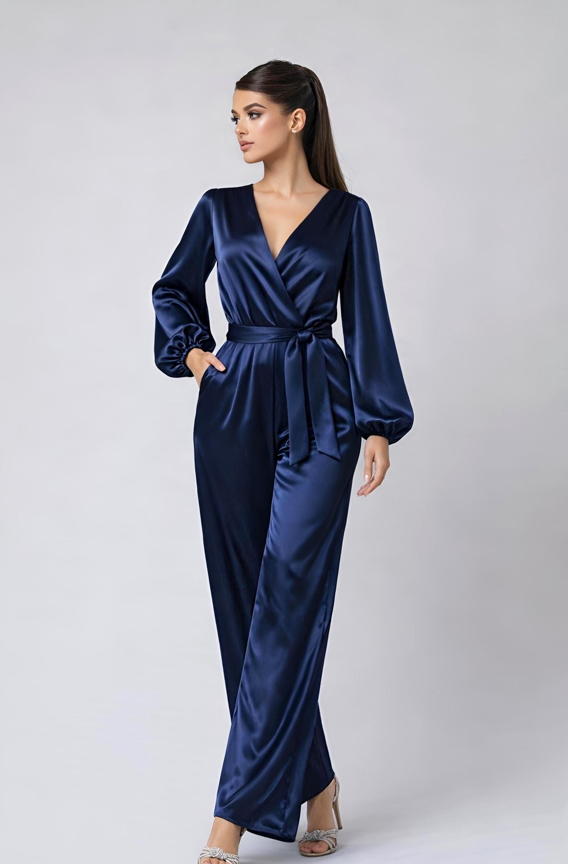 Blue Satin Jumpsuit, Balloon Sleeve V-neck Jumpsuit, Wide Leg