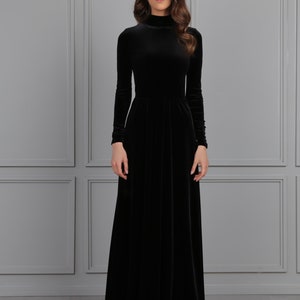 Black Gown For Wedding, Bridesmaid Dress, Maxi Dress, Velvet Dress, Long Sleeve Dress, A Line Dress, High Neck Dress, Party Dress, dress wedding guest, reception dress, wedding dress, elegant dress, mother of the bride, long dress long sleeve, gown