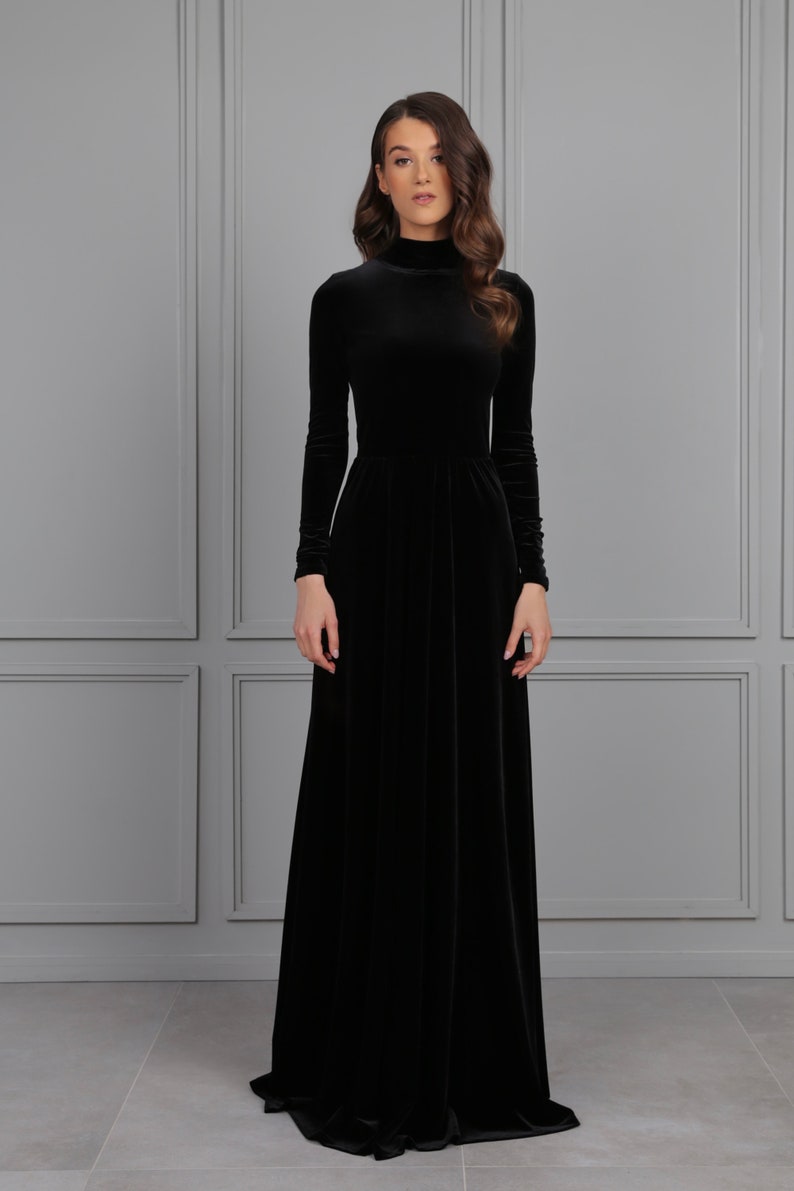 Black Gown For Wedding, Bridesmaid Dress, Maxi Dress, Velvet Dress, Long Sleeve Dress, A Line Dress, High Neck Dress, Party Dress, dress wedding guest, reception dress, wedding dress, elegant dress, mother of the bride, long dress long sleeve, gown