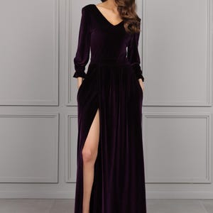 Elegant Handmade Long Sleeve Velvet Dress, V- Neck Elastic Waist Slit Long Velvet Dress