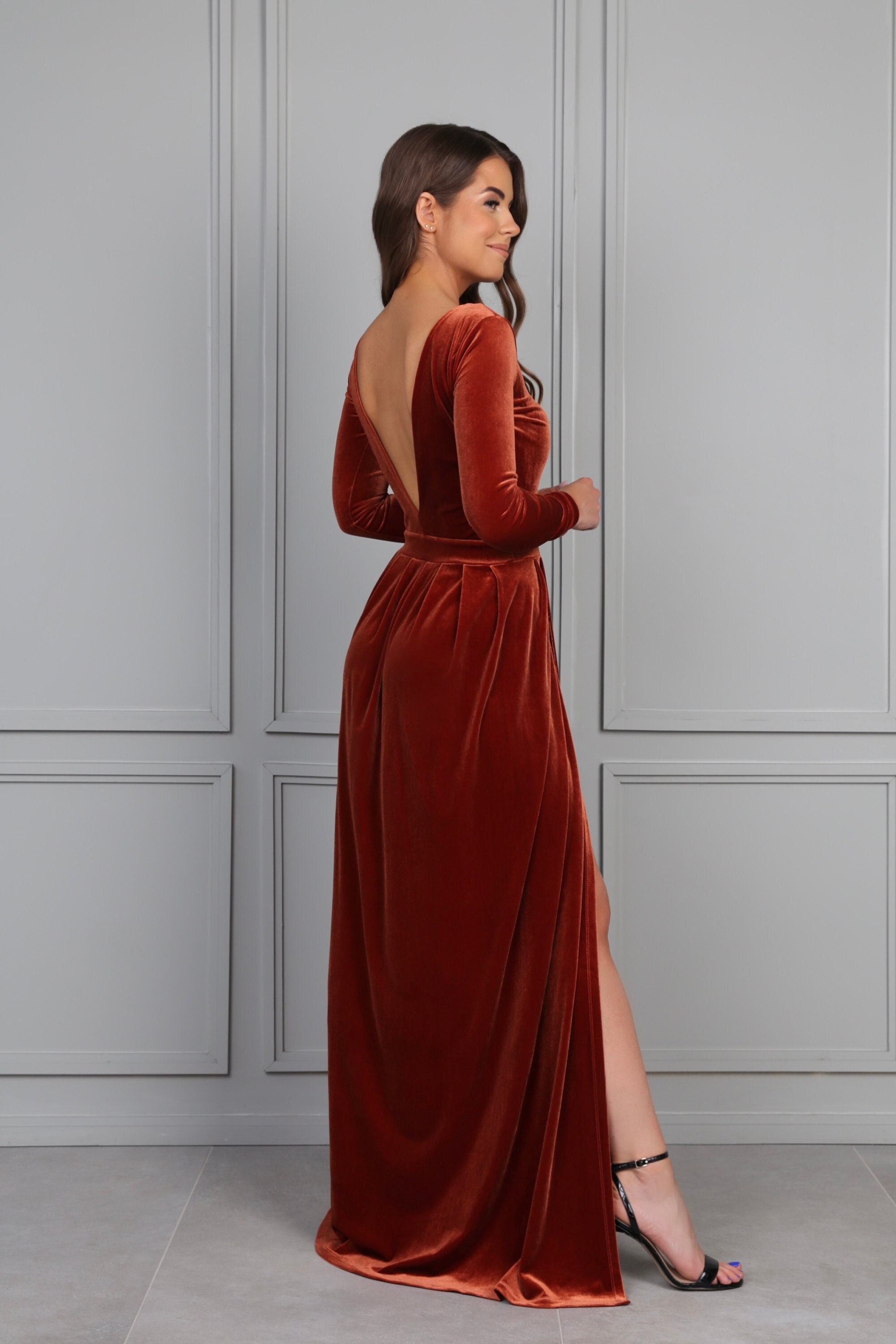 Long Sleeve Backless Evening Gown - Etsy Long Sleeve Backless Evening Gown - Etsy