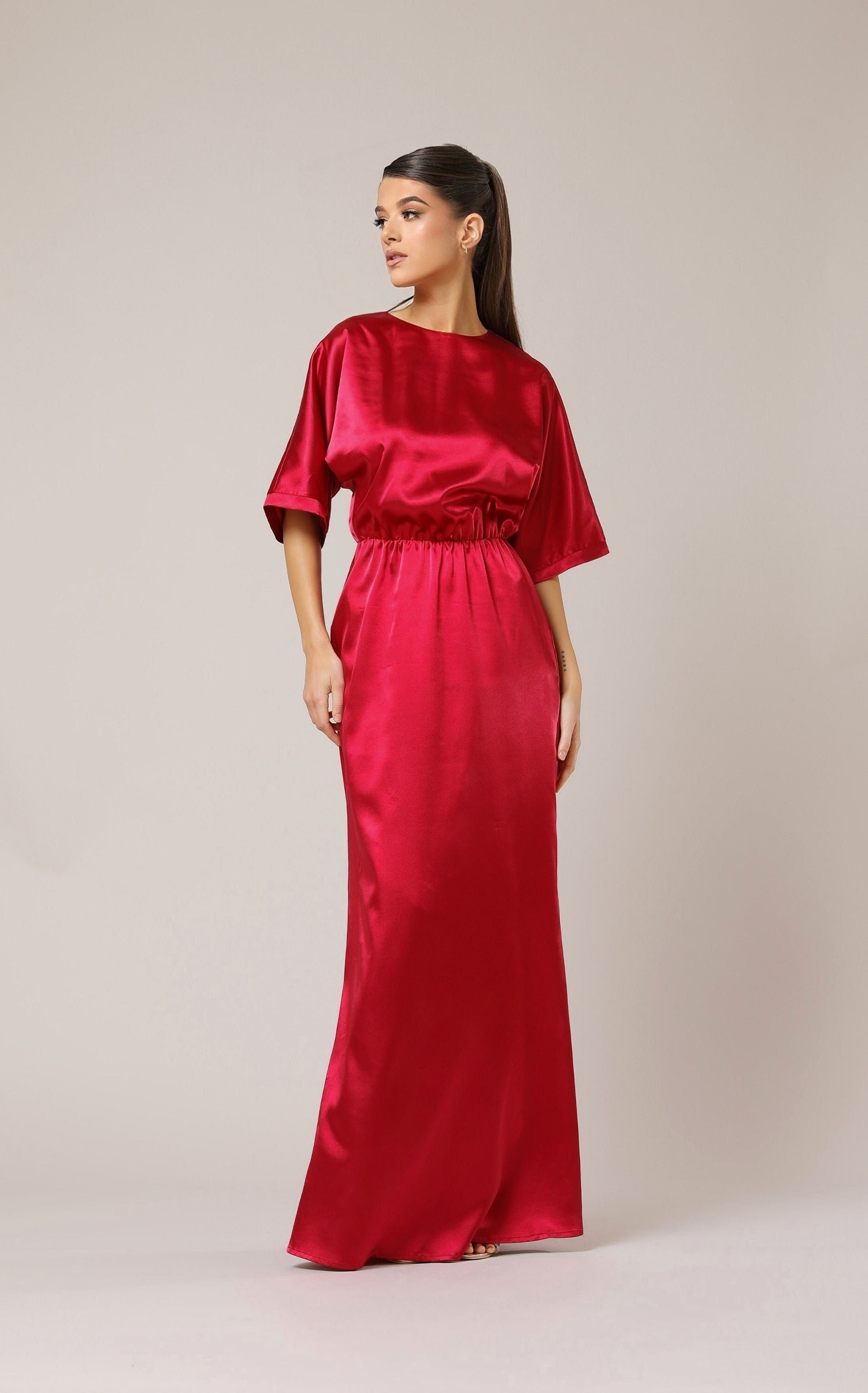 Crimson Red Satin Maxi Dress, Elegant Dolman Sleeve Party Gown