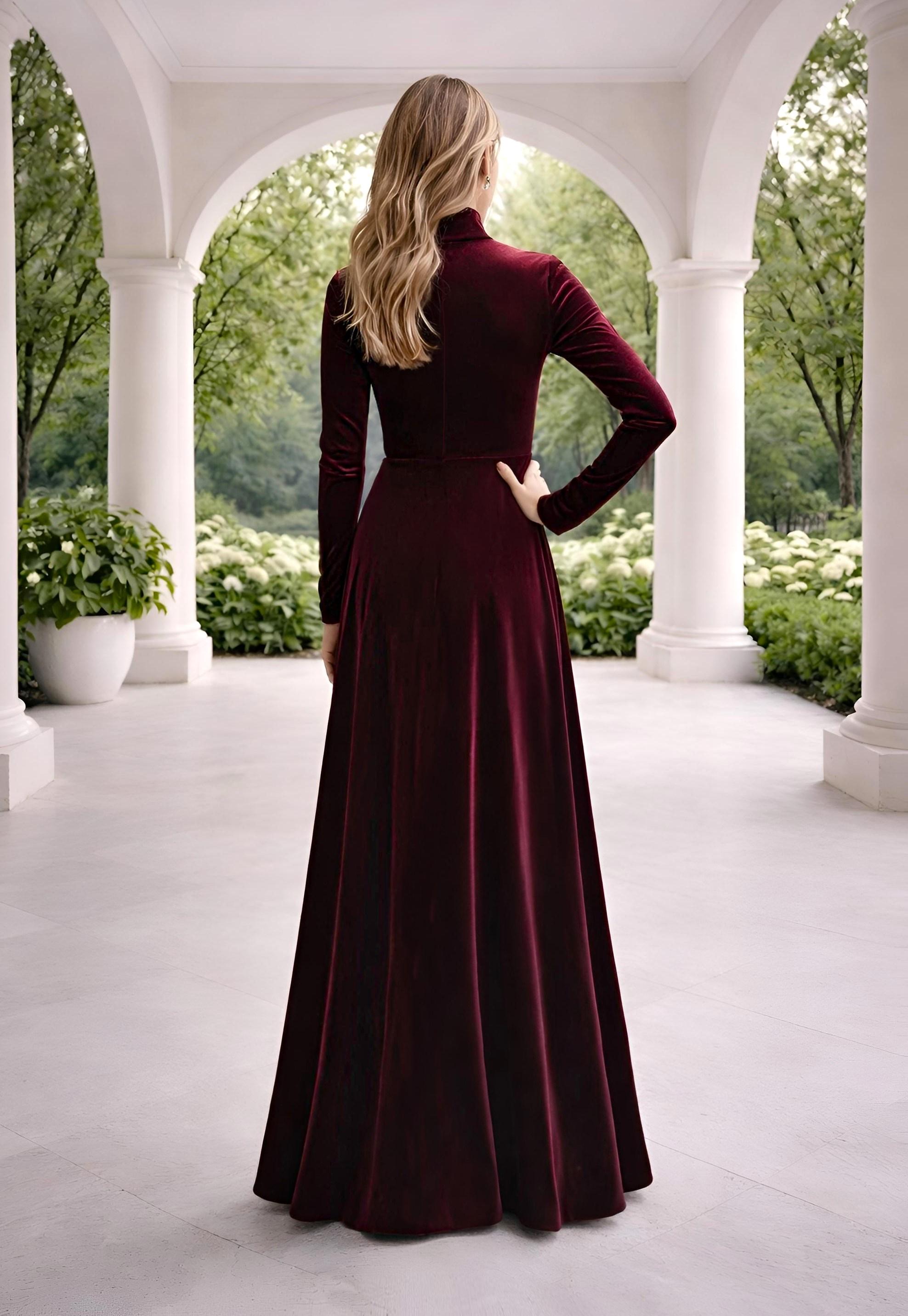 Navy Blue Velvet Bridesmaid Dress, Long Sleeve Mock Neck Gown, Elegant Wedding Guest Dress