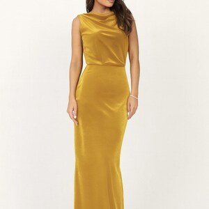 Velvet Yellow Maxi Dress, Sleeveless Cowl Back Gown, Elegant Formal Long Dress.