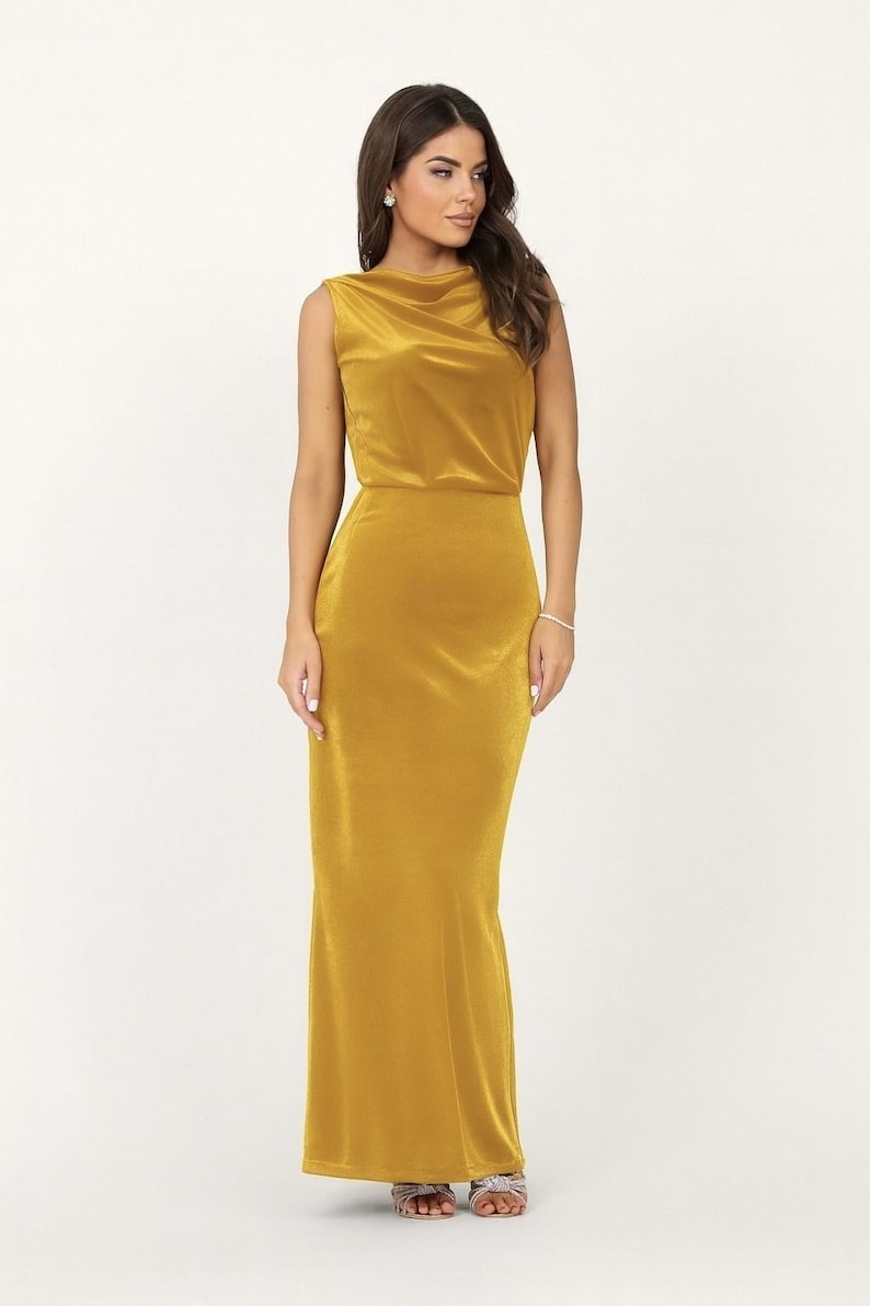 Velvet Yellow Maxi Dress, Sleeveless Cowl Back Gown, Elegant Formal Long Dress.