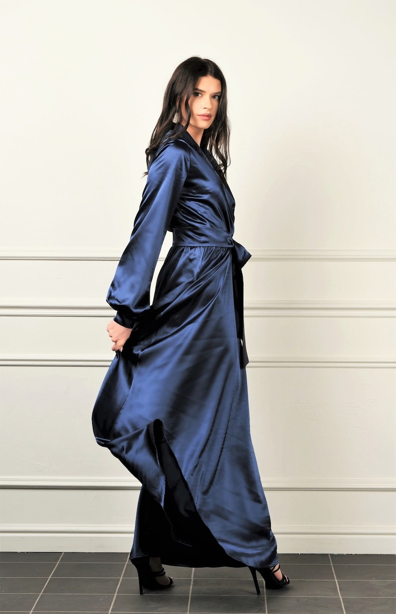 Navy Blue Satin Maxi Dress/ Wrap Neckline Dress Long Cuff Etsy
