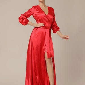 Red Satin Wrap Dress, Long Sleeve Maxi Gown, Cocktail Dress
