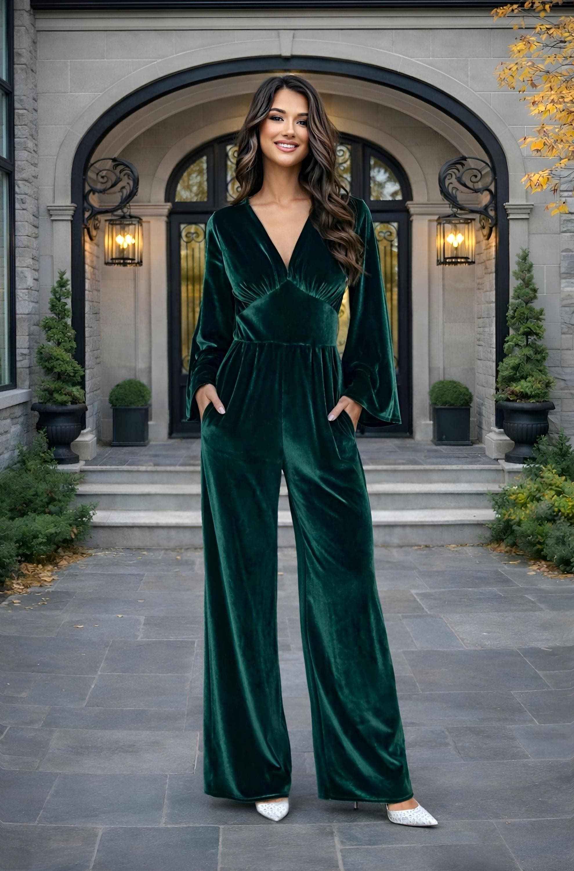 Emerald Green Velvet Jumpsuit Bell Sleeve Wide Leg Overalls