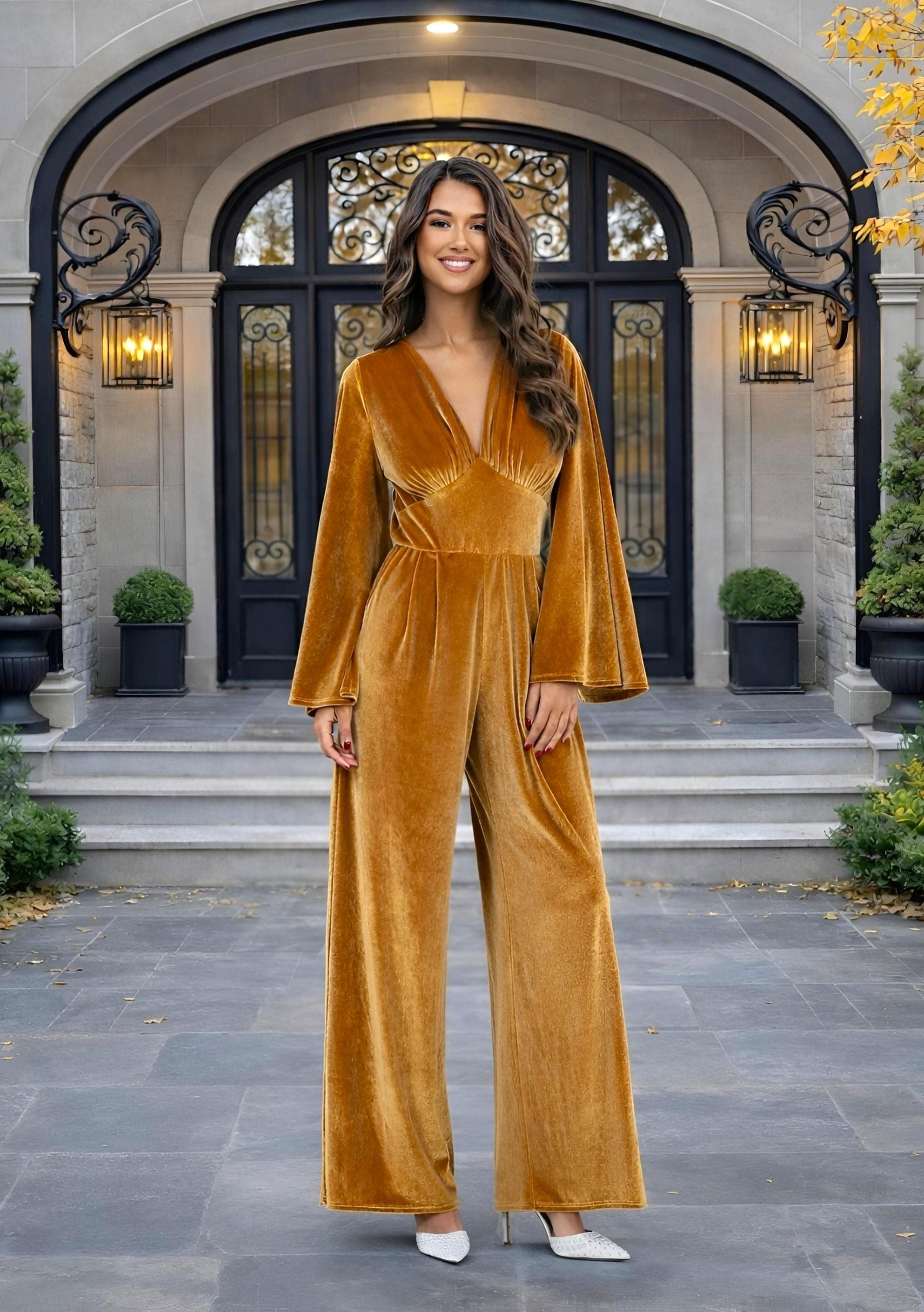 Velvet Bell Sleeve Jumpsuit, 70s Wide Leg Pantsuit, Boho Wedding