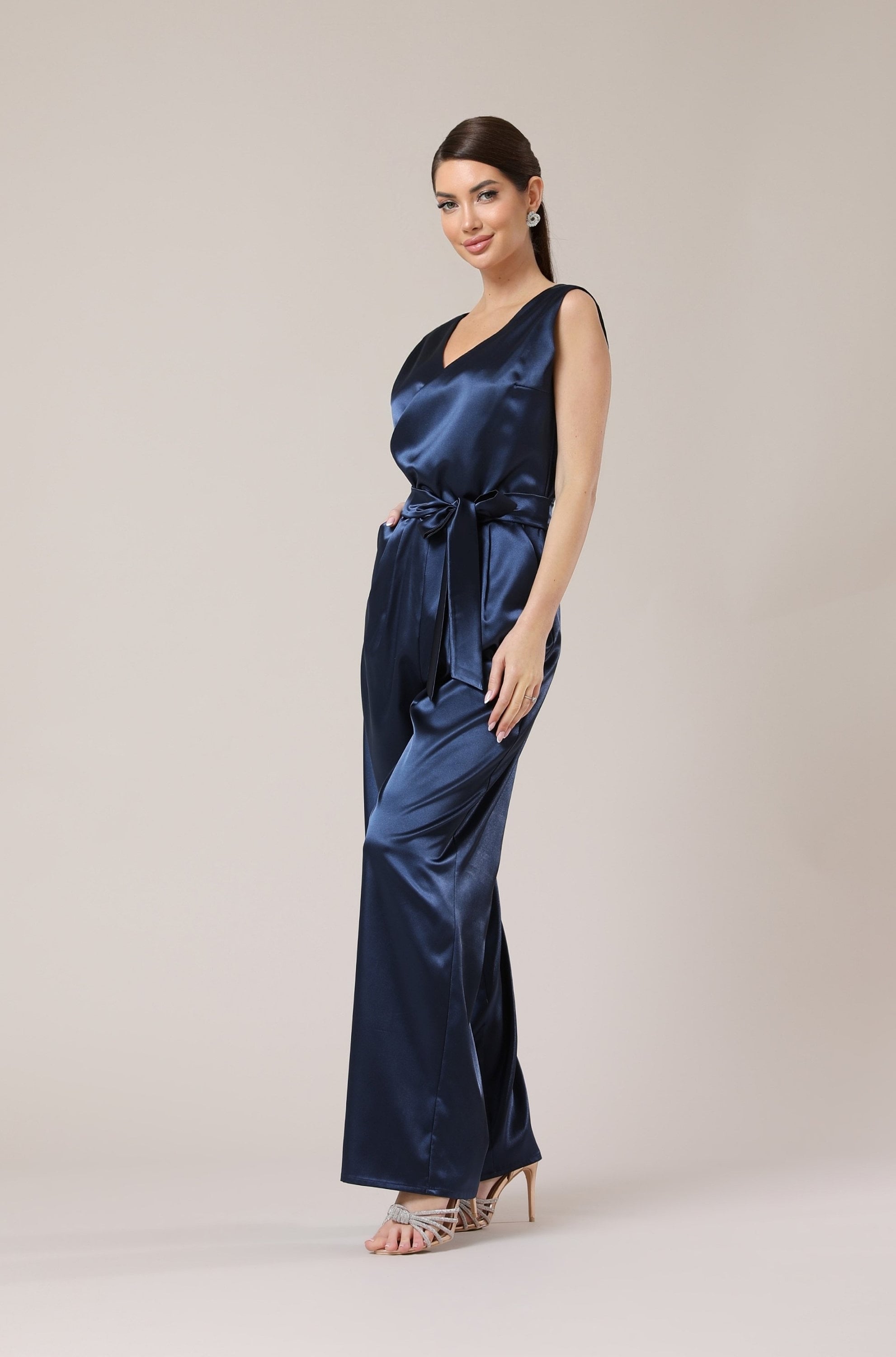 Navy Blue Satin Jumpsuit for Women, Wide Leg Sleeveless Overalls