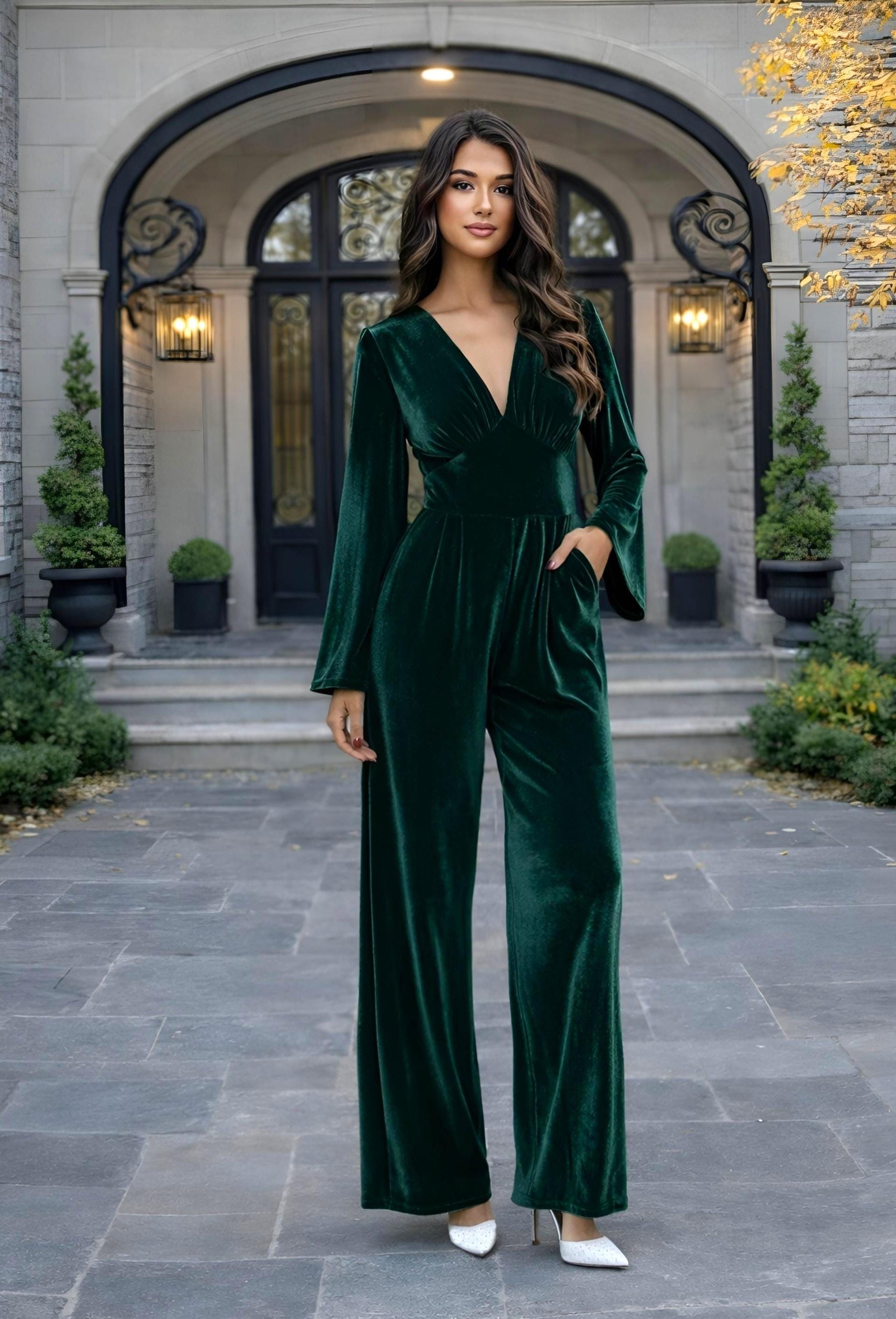 Velvet Bell Sleeve Jumpsuit, 70s Wide Leg Pantsuit, Boho Wedding
