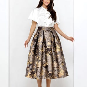 Bronze Jacquard Midi Skirt, Elegant Tea Length Skirt, Brocade brown skirt with pockets, high waisted women midi skirt, modest skirt plus size, brown skirt with pleats