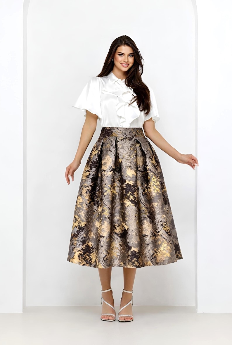 Bronze Jacquard Midi Skirt, Elegant Tea Length Skirt, Brocade brown skirt with pockets, high waisted women midi skirt, modest skirt plus size, brown skirt with pleats