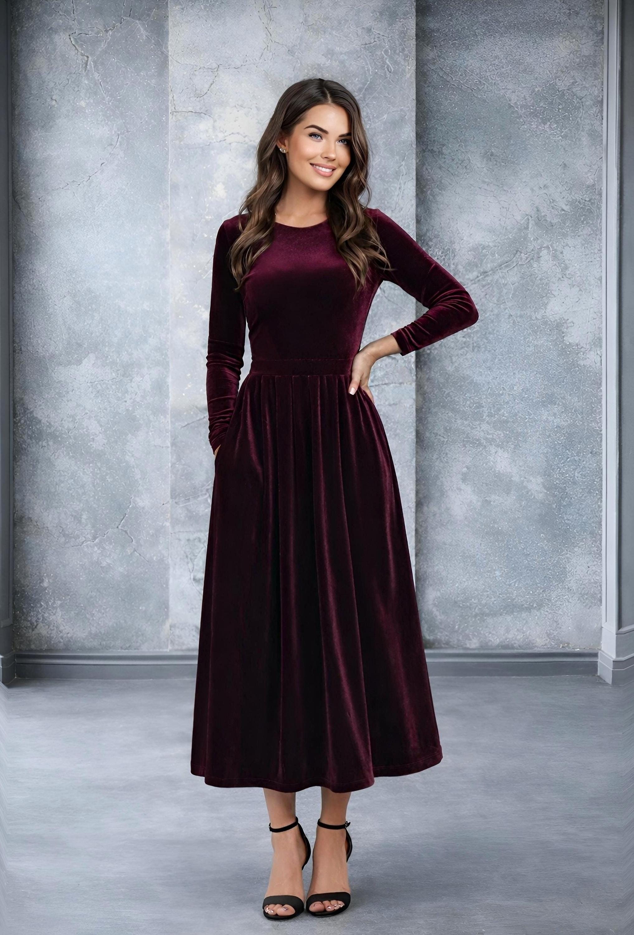 Plum Velvet Midi Dress with Pockets, Long Sleeve V Back Formal Dress, Bridesmaid Dress